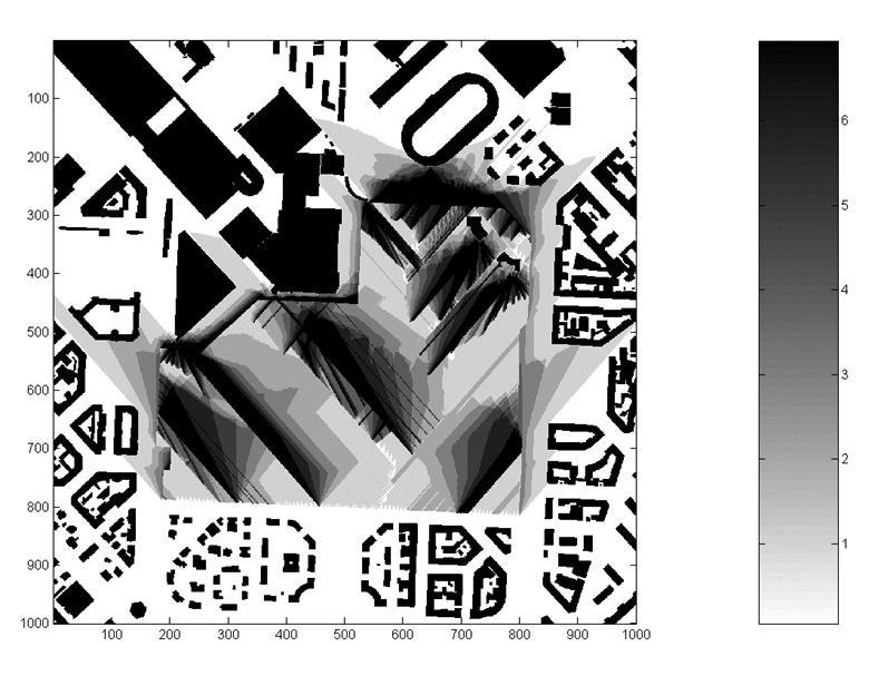 The calculation of the solar envelope and its shadow's map; Milan City Life redevelopment (credits: Eugenio Morello)