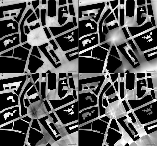 Representations of the predictability, the drift, the occlusivity, and the anticipation in each point of a given urban fabric in Nantes city, France (credits: Thomas Leduc).